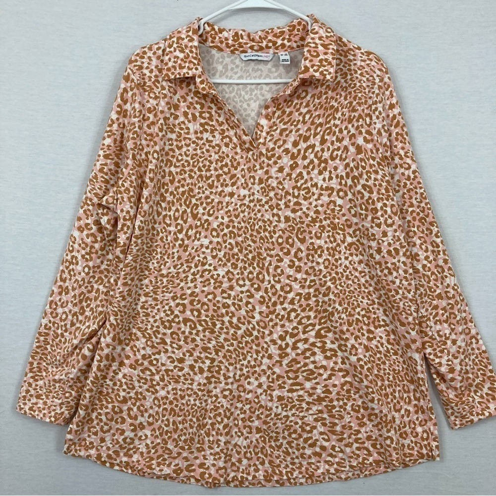 Isaac Mizrahi Leopard Print Soft‎ Comfy Collar Long Sleeve Top 1X